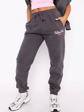 White Fox Boutique Charcoal Gray Joggers with Pink Logo